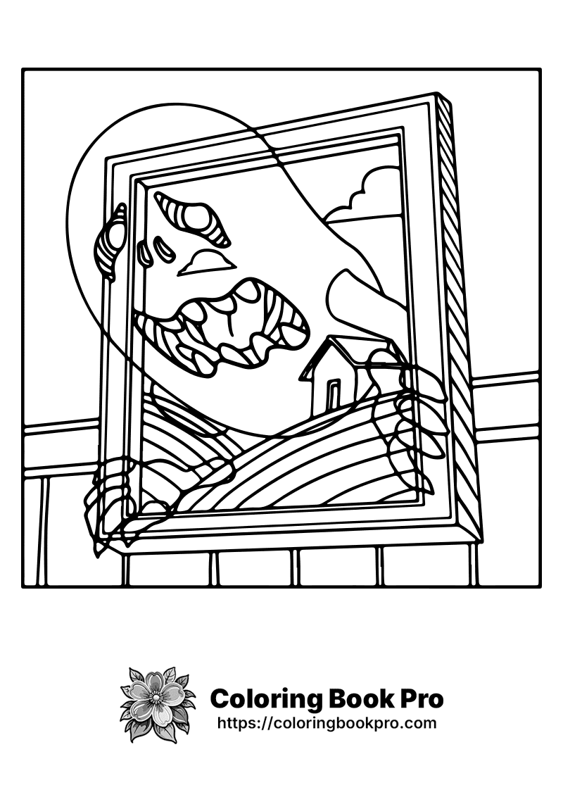 A black and white drawing of a house in a window. icon