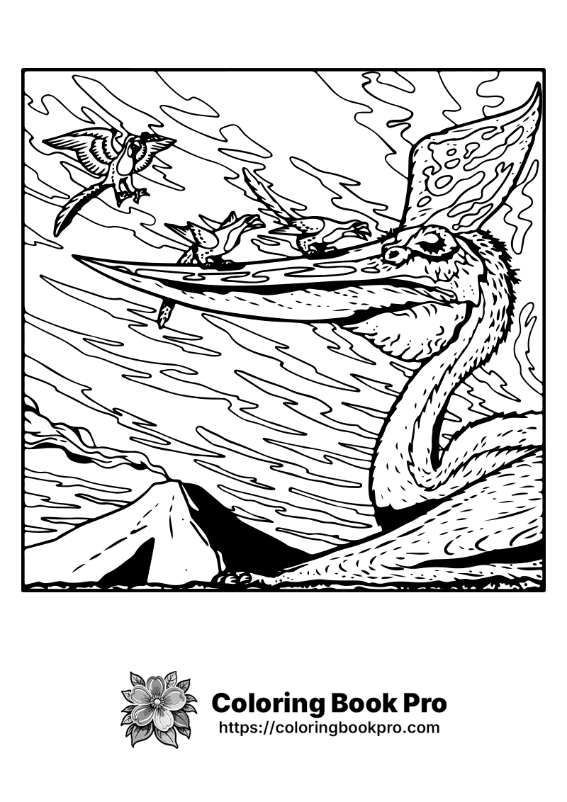 A black and white drawing of a dragon and birds. icon