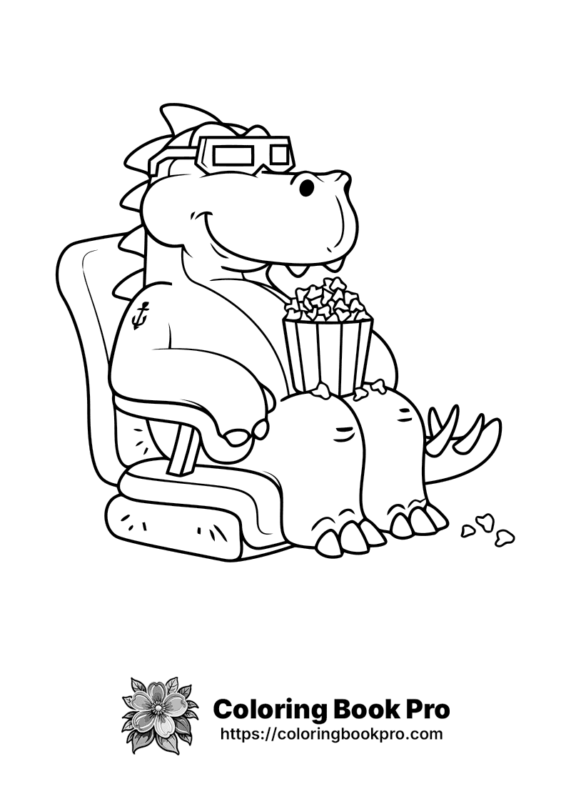 A dinosaur with 3D glasses sitting in a chair with popcorn. icon