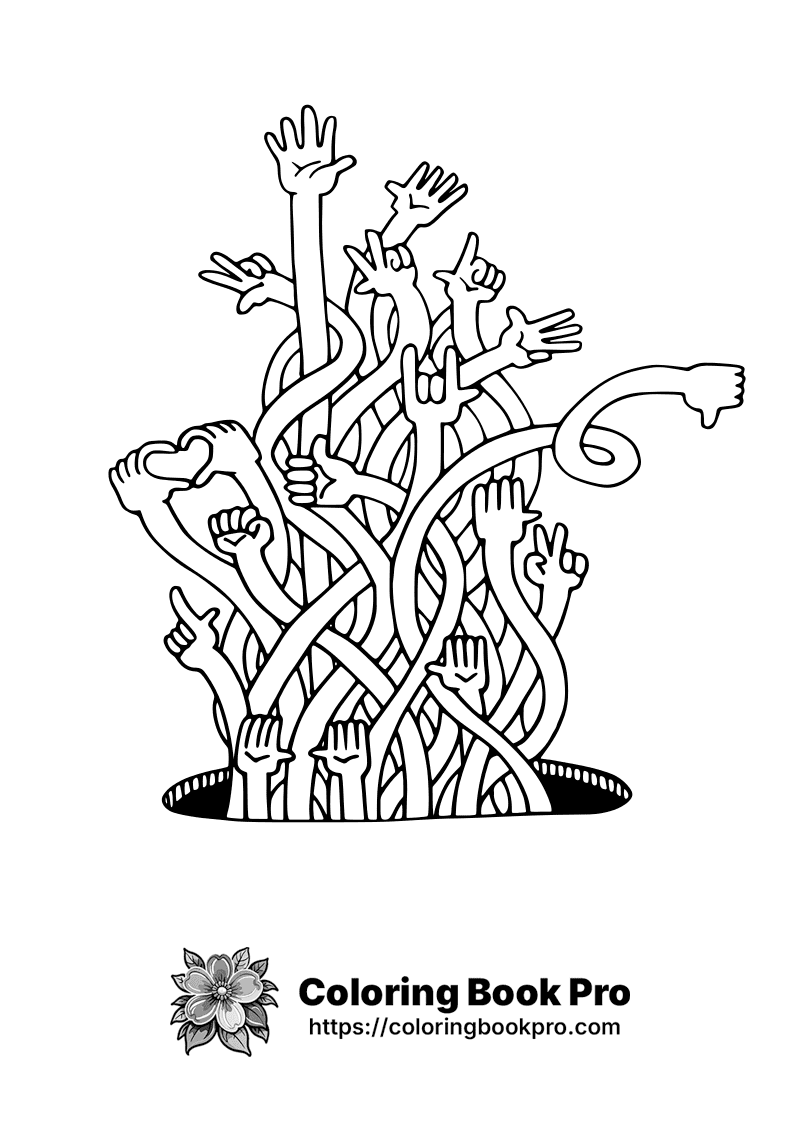 A black and white drawing of hands reaching up in the air. icon