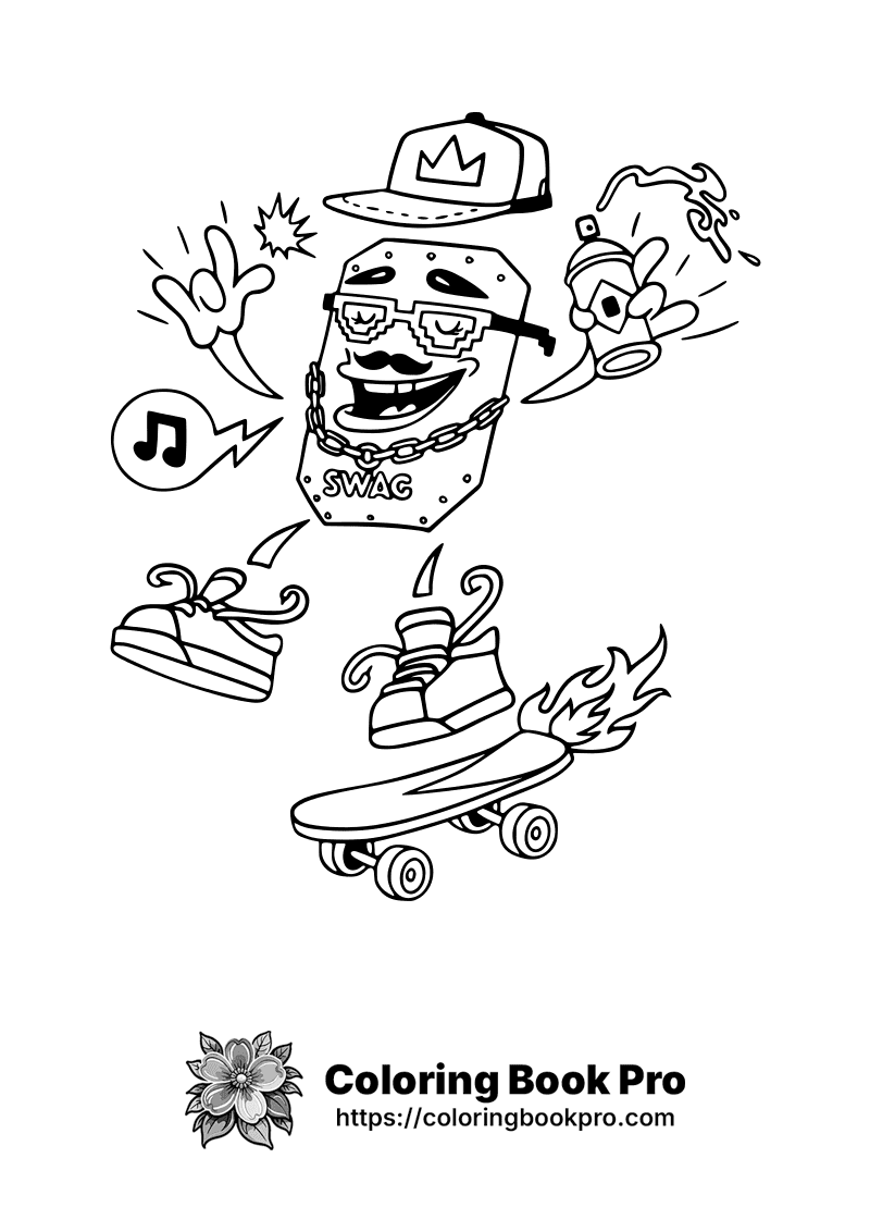 A black and white drawing of a man on a skateboard. icon