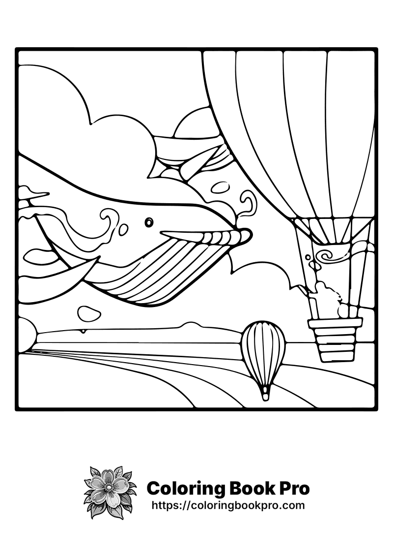 A whale and hot air balloons in the sky. icon