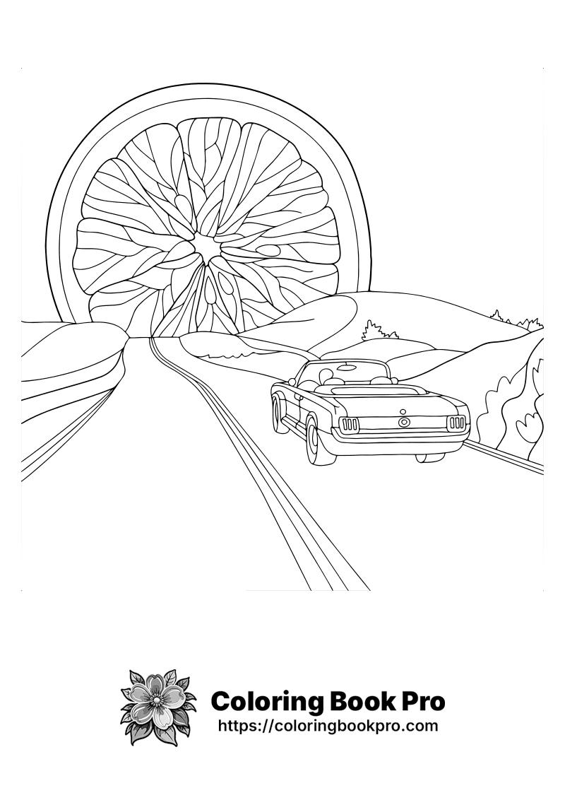 A black and white picture of a car going down a road. icon