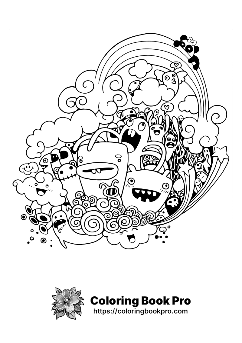 A black and white picture of a bunch of cartoon characters. icon