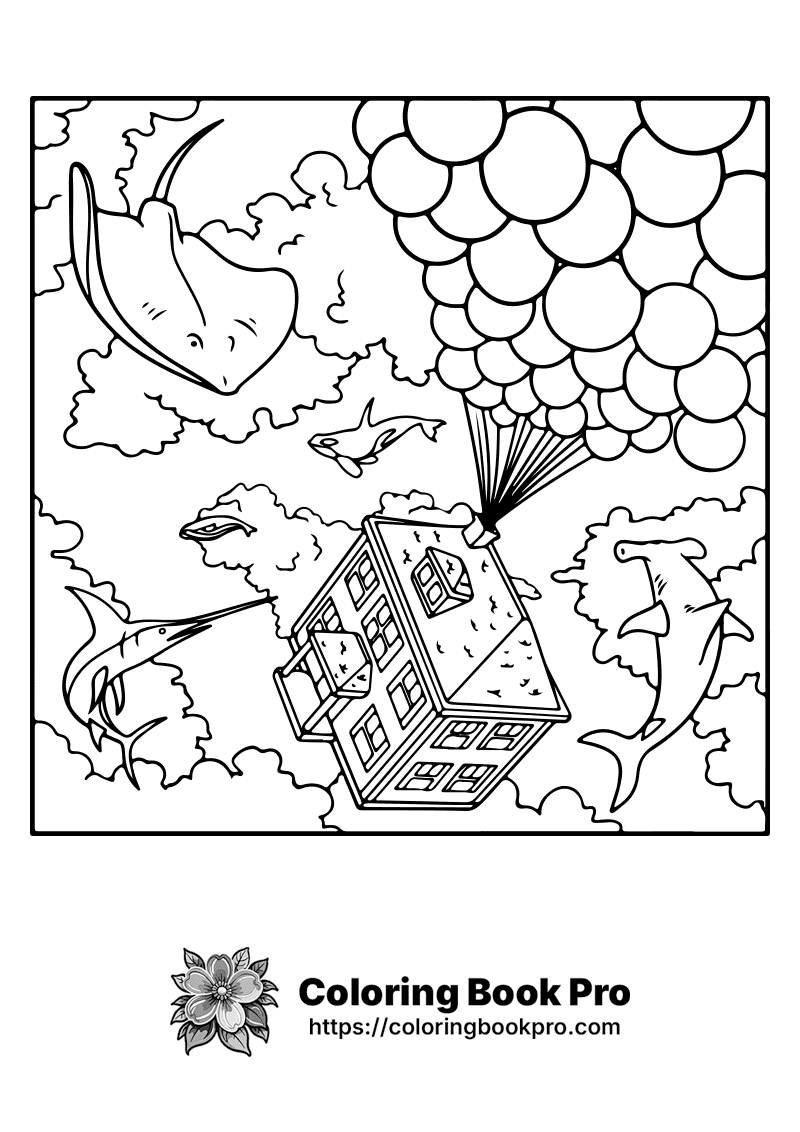 A black and white drawing of a house and fish. icon