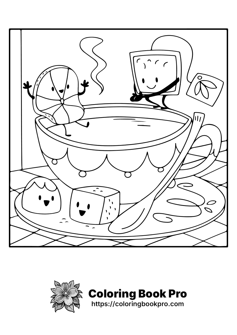 A cartoon drawing of a teacup with a spoon and some food. icon