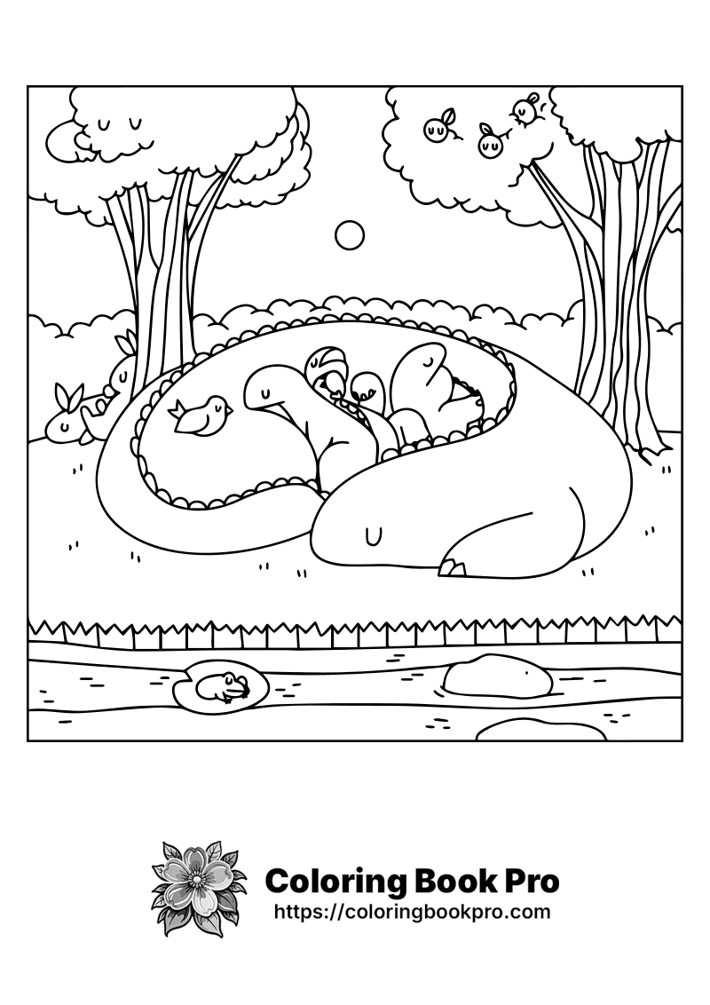 A black and white drawing of a park with trees and animals. icon