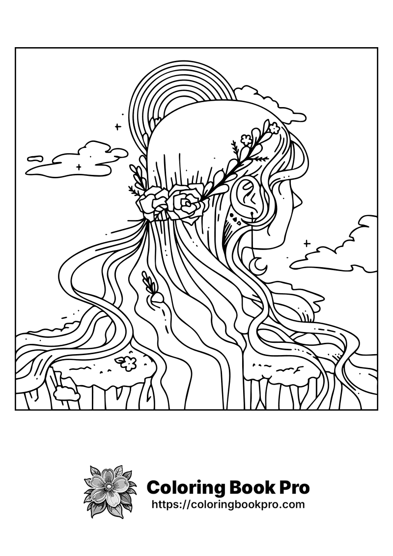 A black and white drawing of a woman with long hair. icon