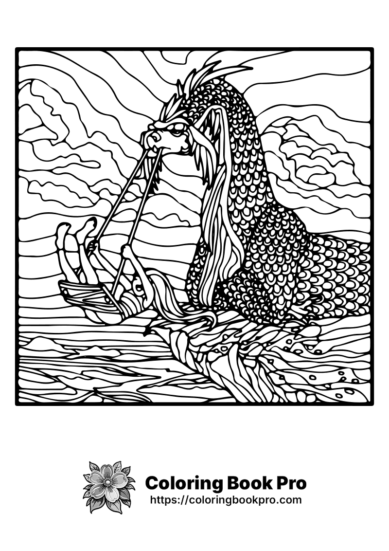 A black and white drawing of a dragon on a boat. icon