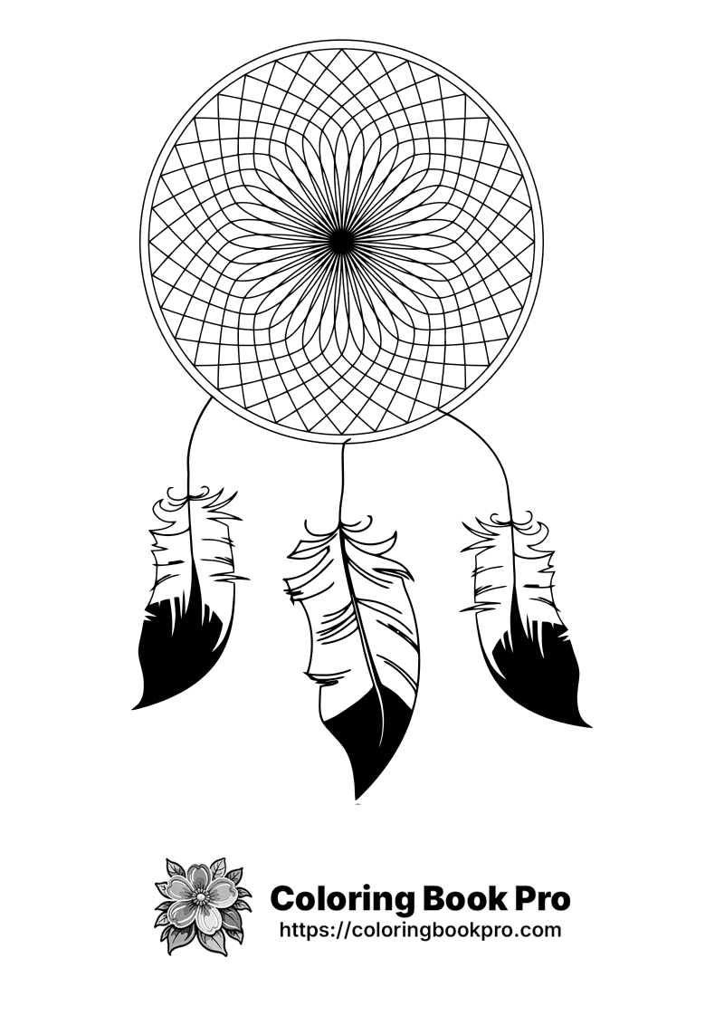 A drawing of a dream catcher with feathers. icon