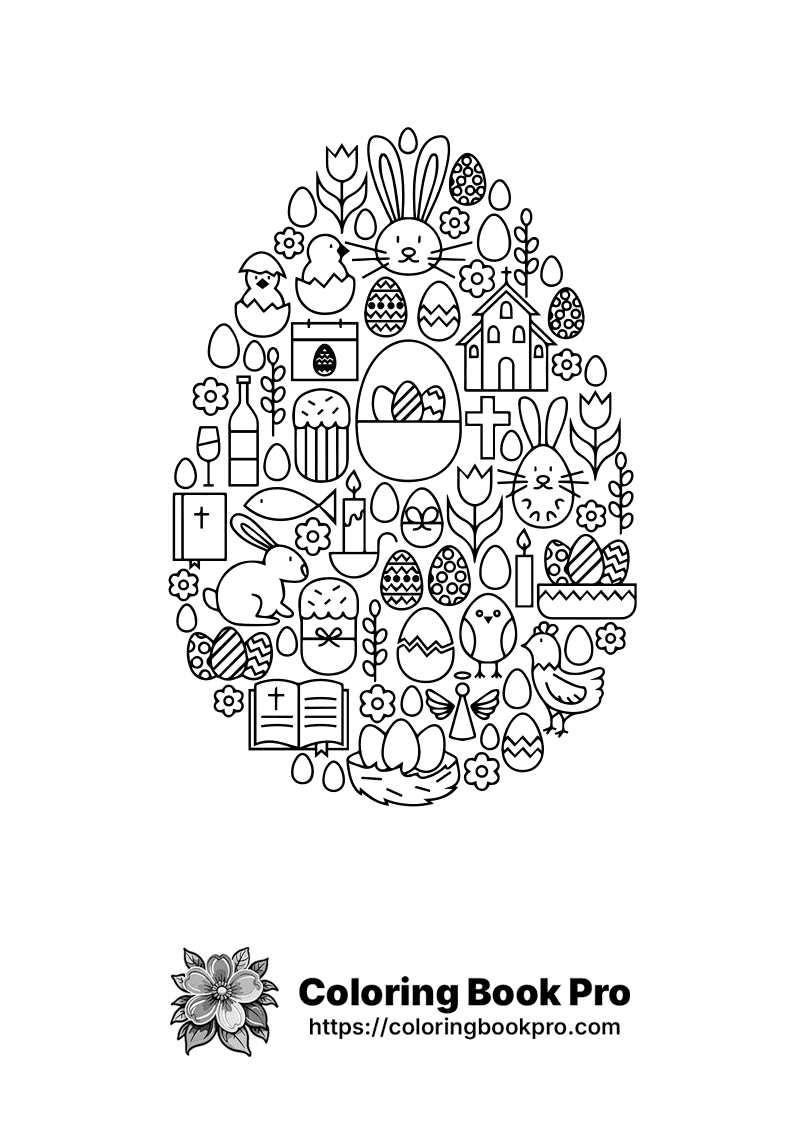A circle with black and white images of Easter items. icon