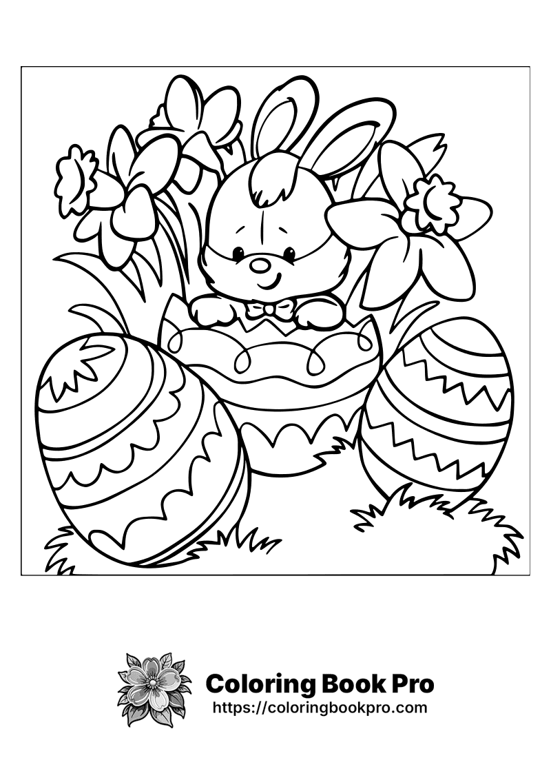 A bunny sitting in an easter basket with eggs and flowers. icon