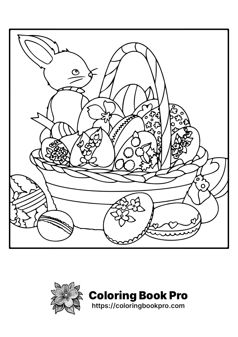 A black and white picture of a bunny in a basket filled with eggs. icon