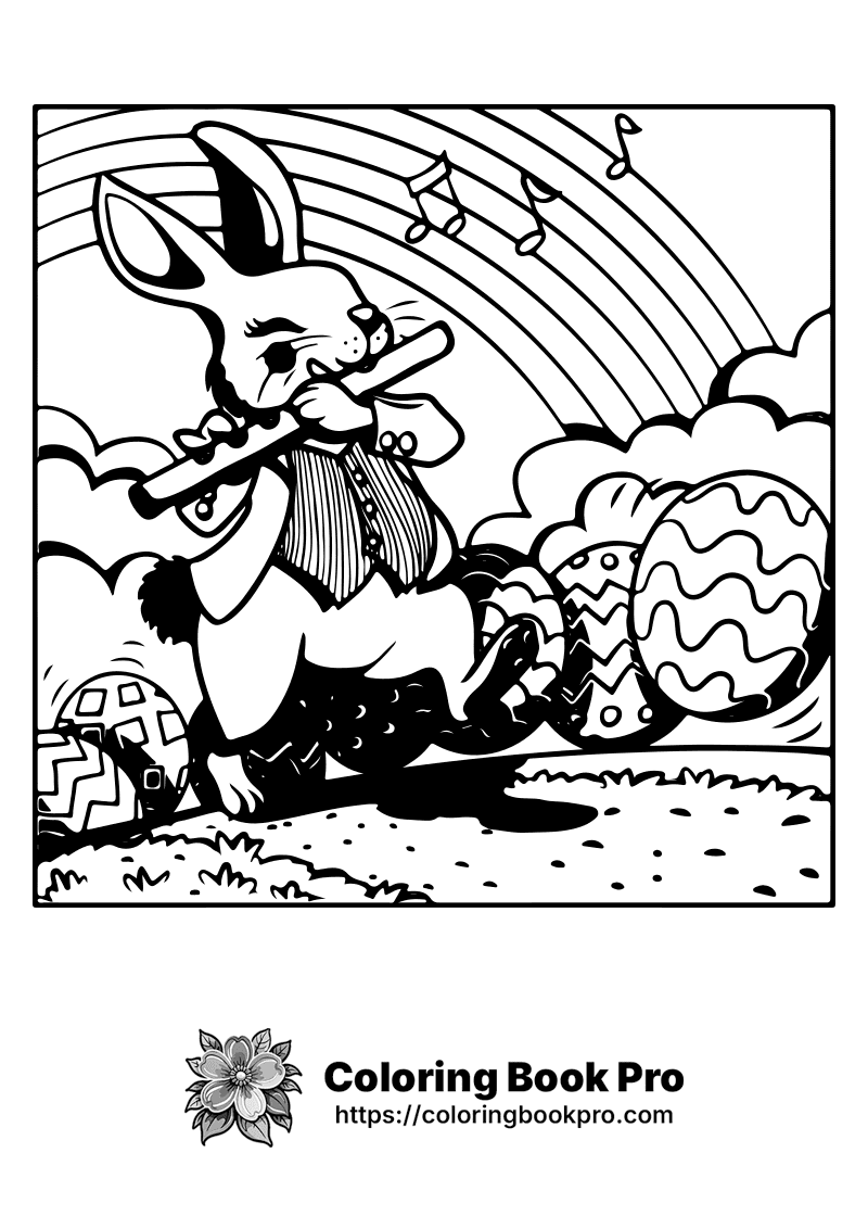 A rabbit playing a flute under a rainbow. icon