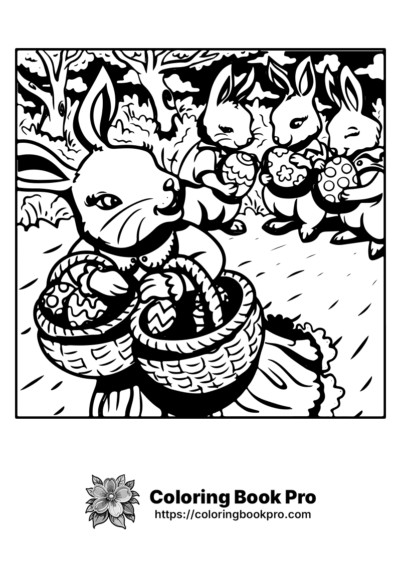 A black and white drawing of a rabbit holding a basket of eggs. icon
