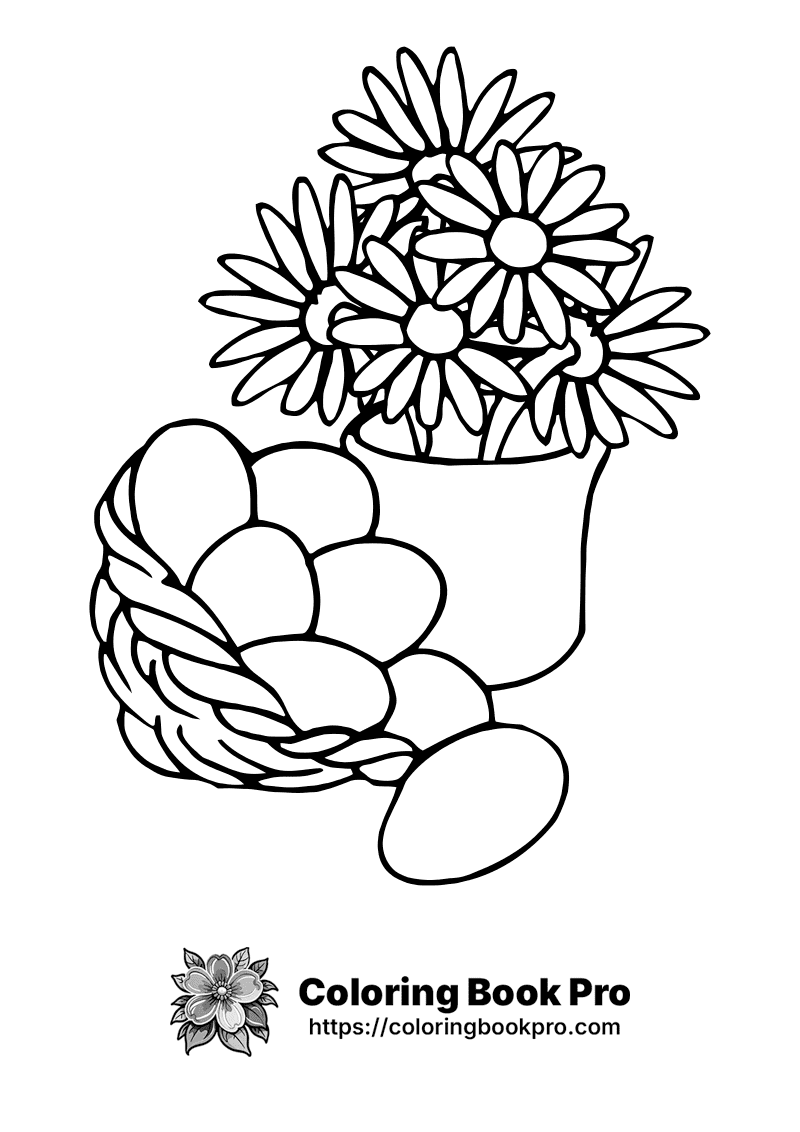 A black and white drawing of a basket of eggs and a flower pot. icon