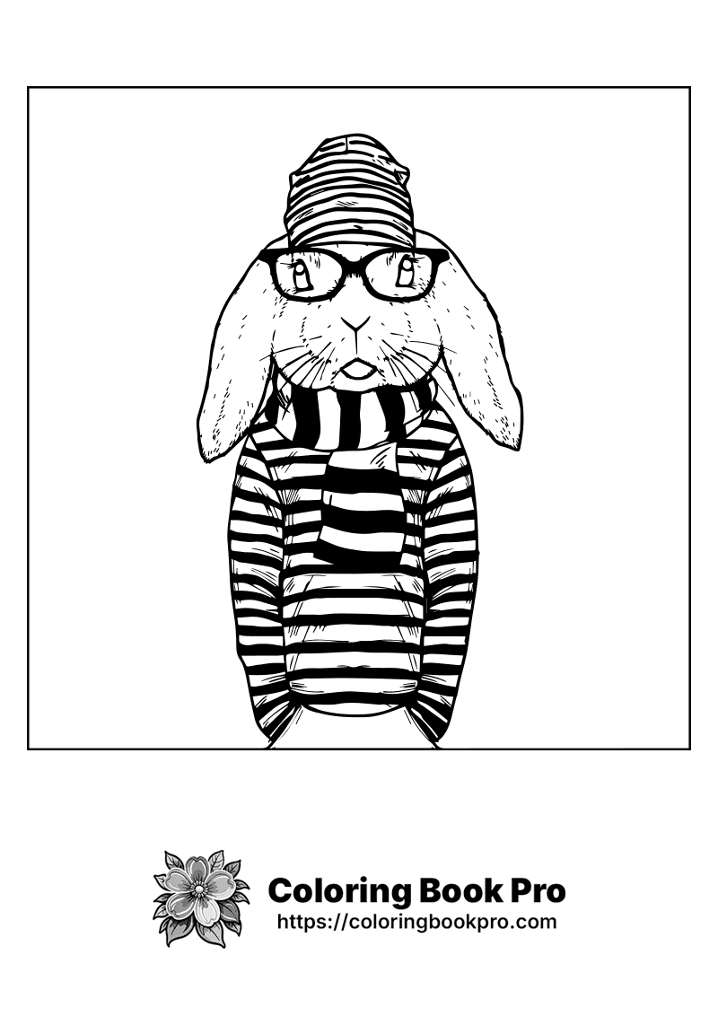 A black and white drawing of a rabbit wearing a striped shirt and hat. icon
