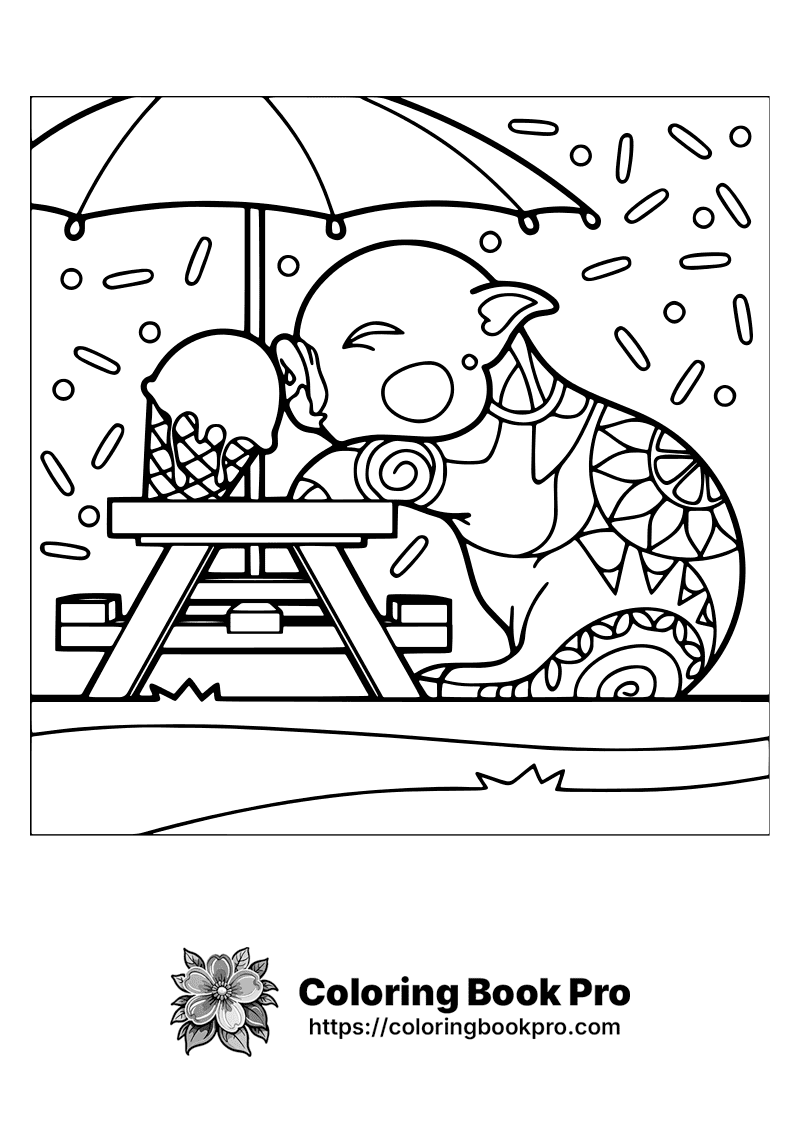 A black and white drawing of a pig sitting at a picnic table. icon