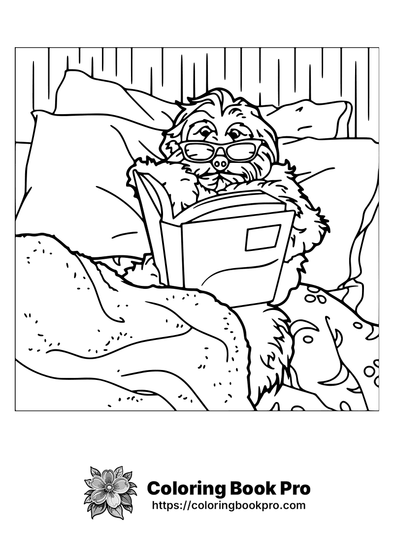 A cartoon dog is reading a book in bed. icon