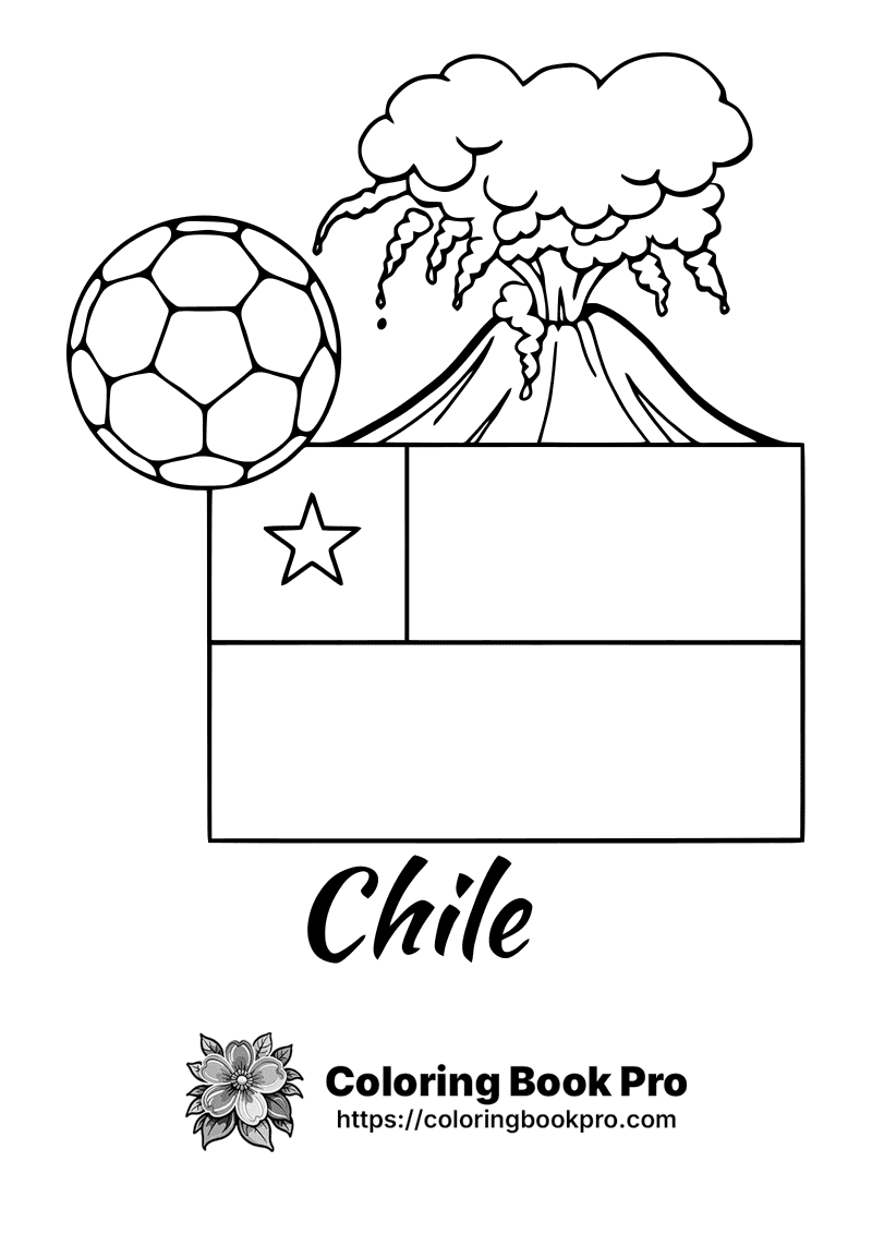 A black and white image of a soccer ball and the word Chile. icon