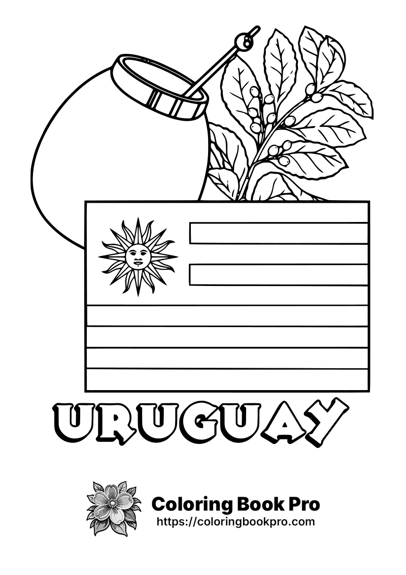 A black and white picture of a vase with a plant and the word Uruguay. icon