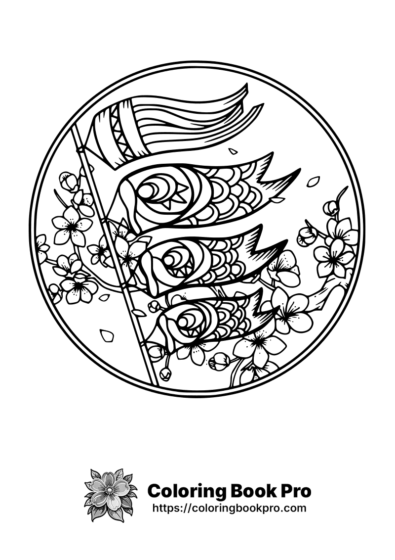 A black and white circle with flowers and fish. icon
