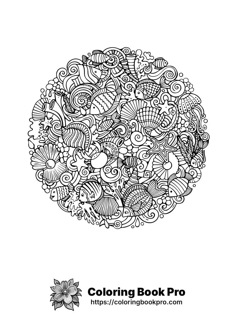 A black and white illustration of various sea creatures. icon