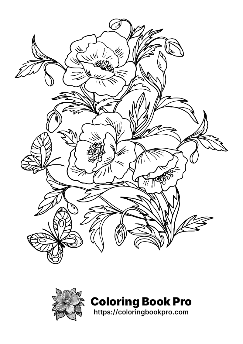 A black and white drawing of flowers and butterflies. icon