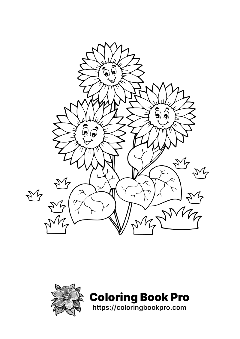 Three sunflowers with smiling faces and leaves. icon