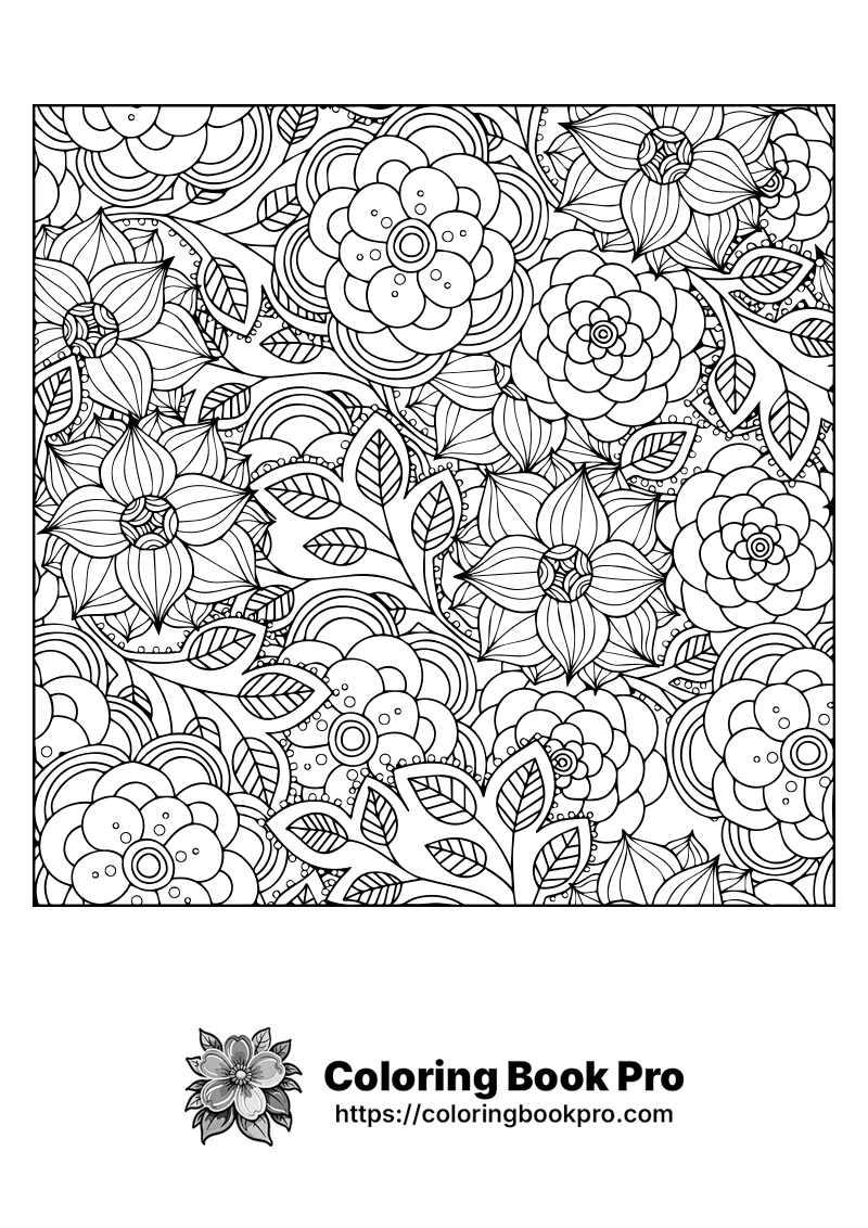 A coloring page with flowers and leaves on it. icon