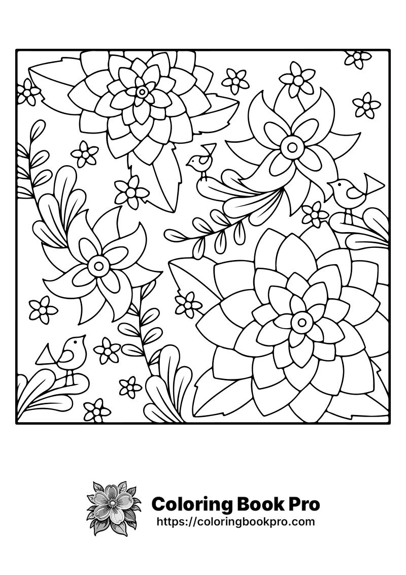 A coloring page with flowers and birds on it icon