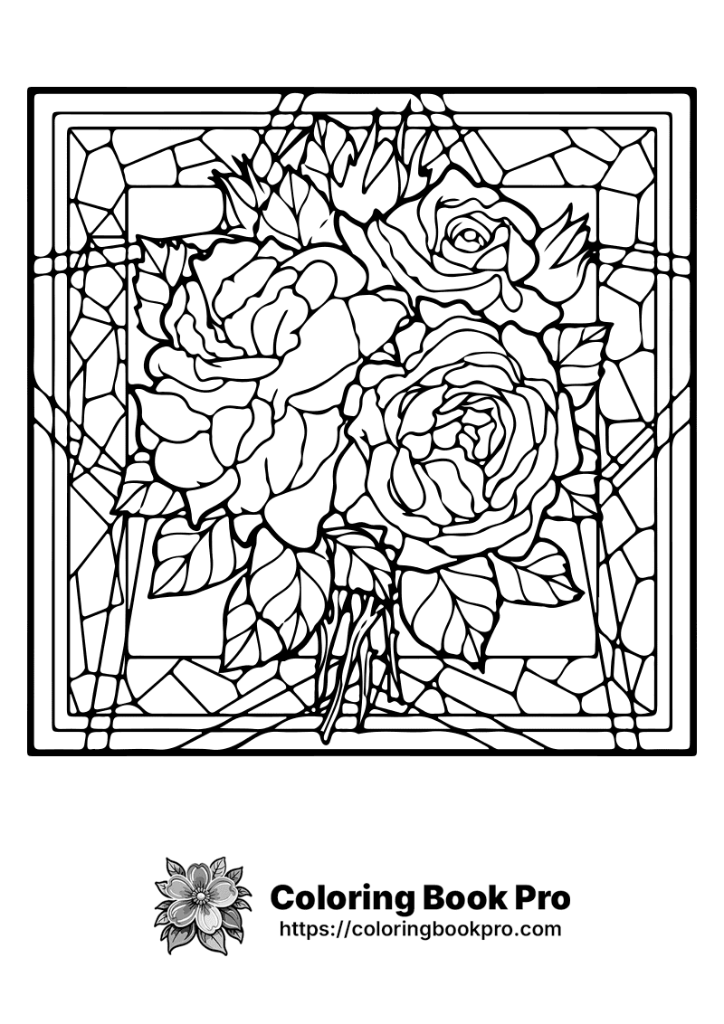 A black and white image of stained glass with roses. icon