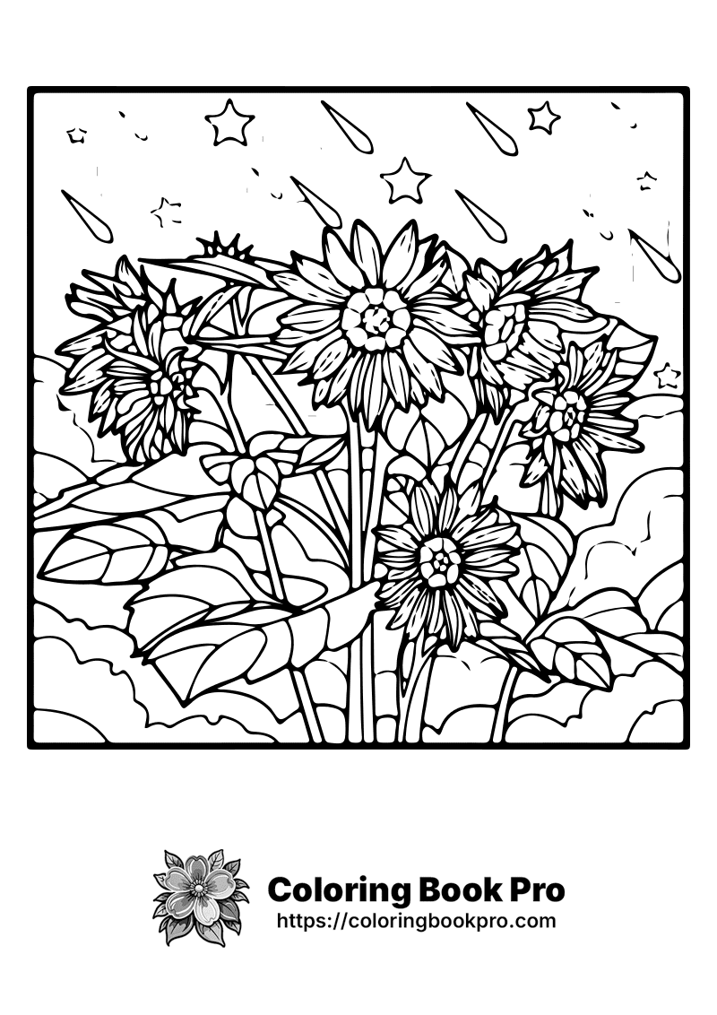A black and white picture of flowers and stars. icon