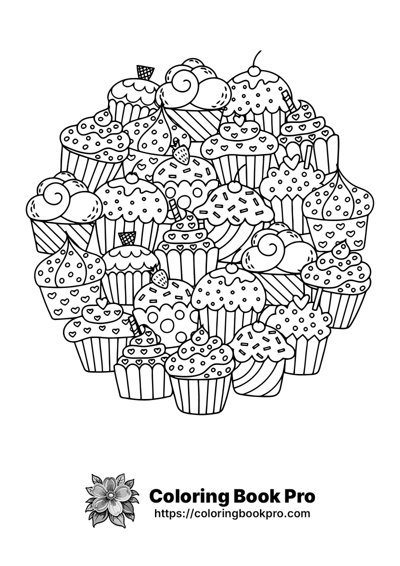 A black and white drawing of many cupcakes. icon
