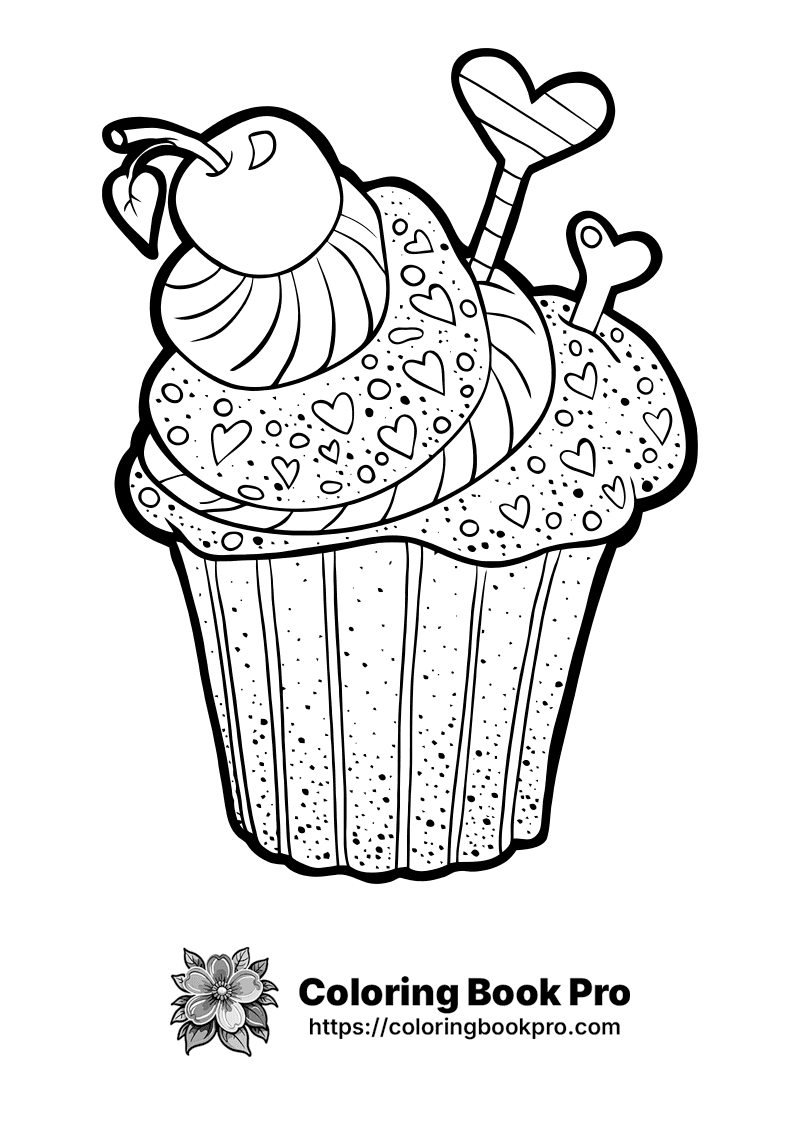 A cupcake with hearts and a cherry on top. icon