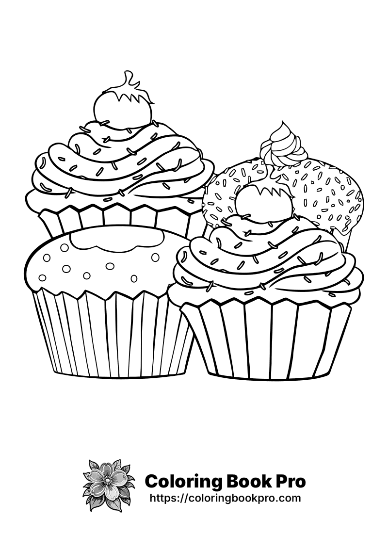 Three cupcakes are outlined in black and white. icon
