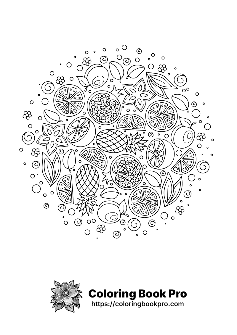 A black and white drawing of fruit and leaves. icon