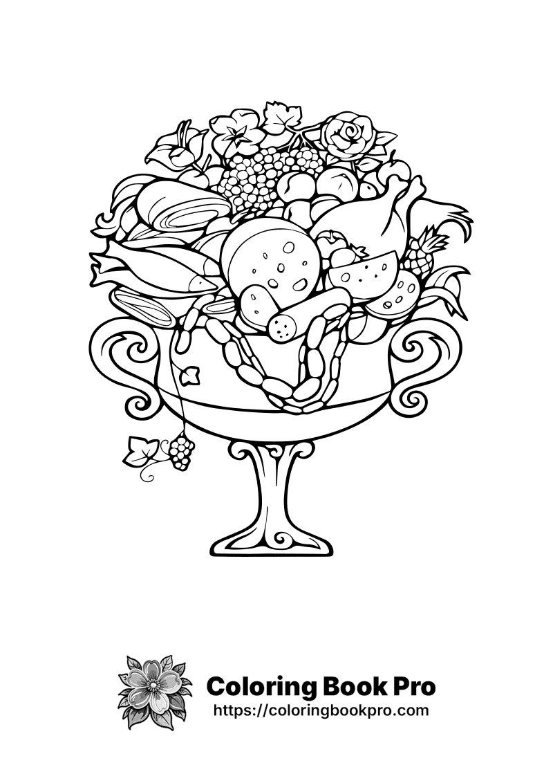 A black and white drawing of a fruit basket. icon