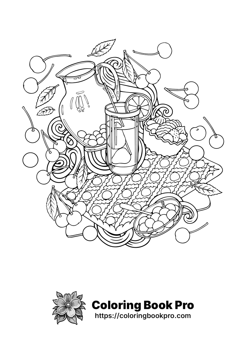 A black and white drawing of fruits and a pitcher. icon
