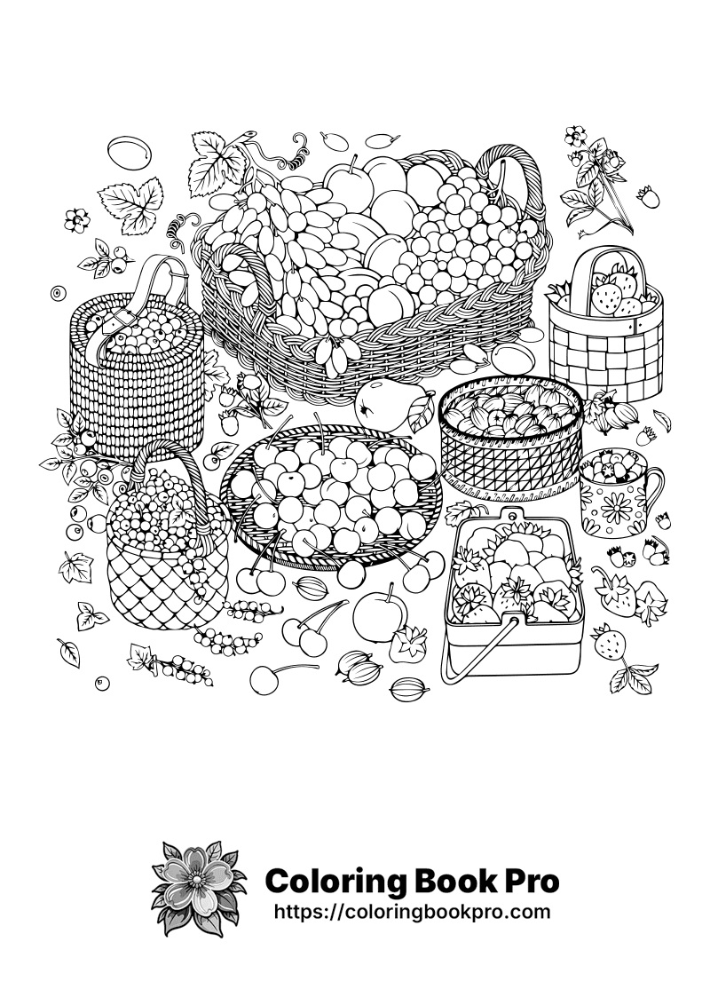 A black and white drawing of baskets of fruit. icon