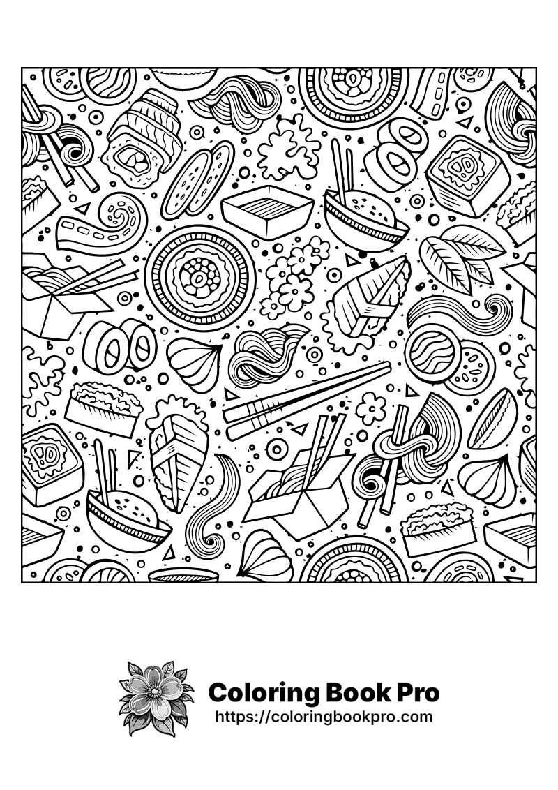 A coloring page filled with doodles of food items. icon