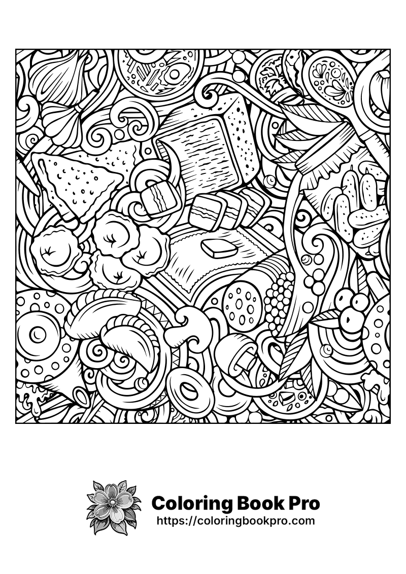 A black and white doodle drawing of food items. icon