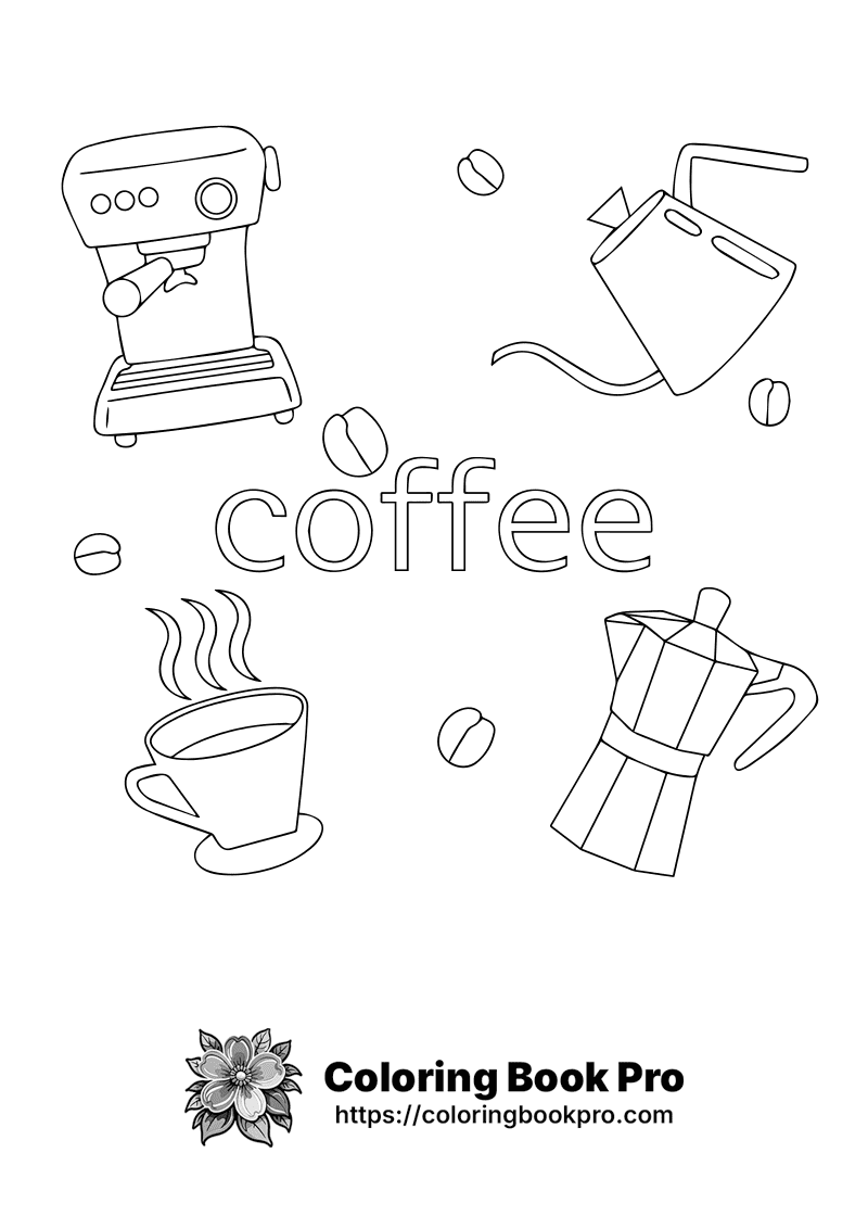 A coffee maker, coffee pot, coffee beans and a coffee cup. icon