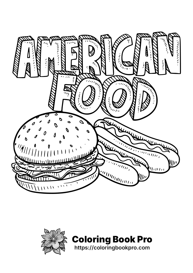 A black and white drawing of a hamburger and hot dog with the caption American Food. icon