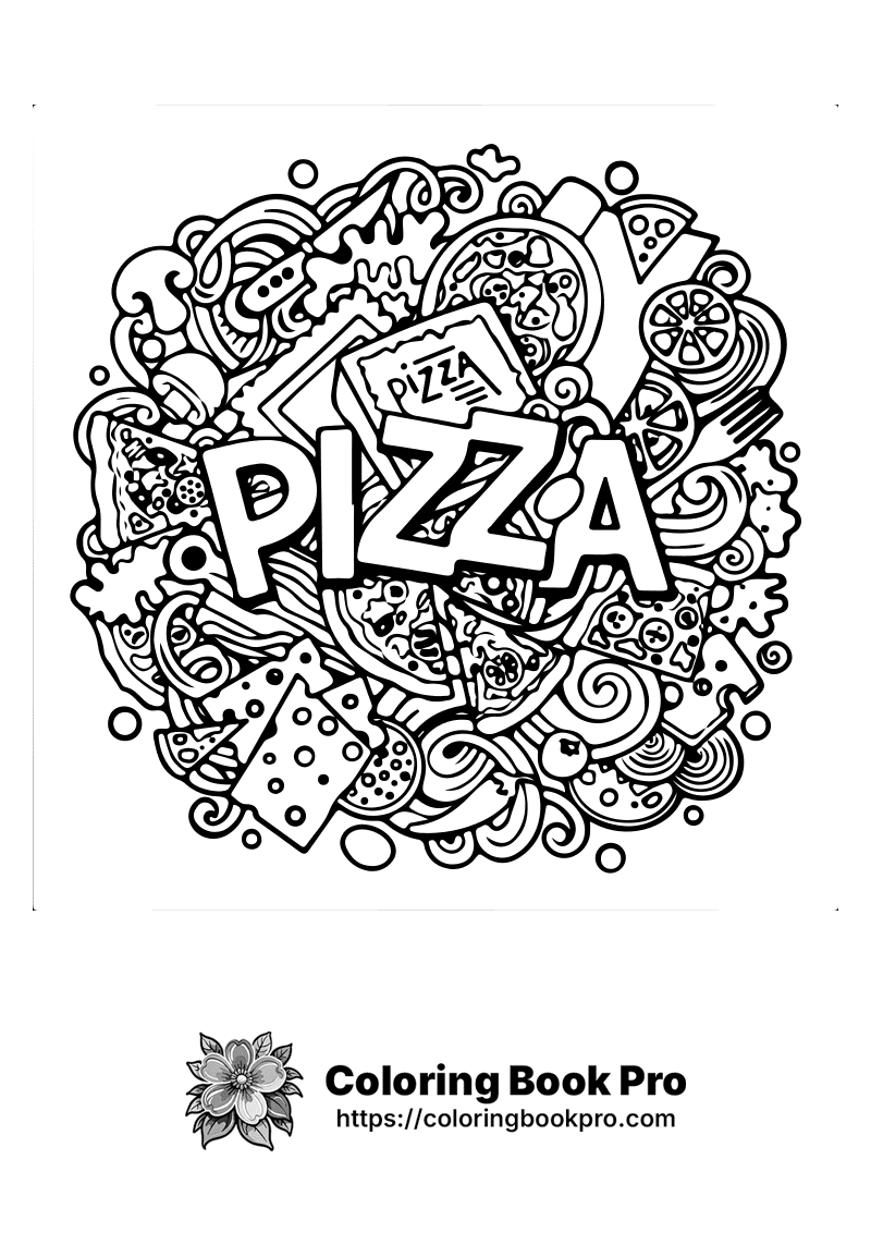 A black and white doodle pizza coloring page. icon