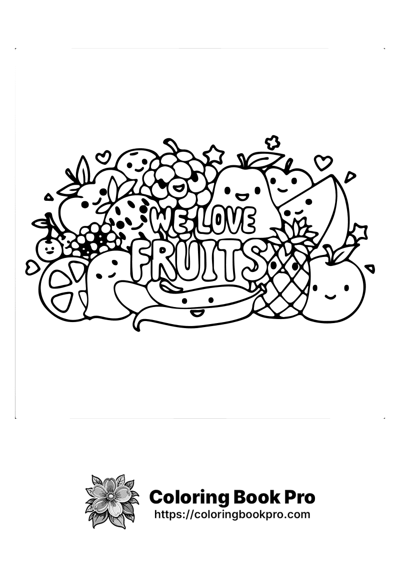 A black and white picture of a bunch of fruit that says we love fruit. icon
