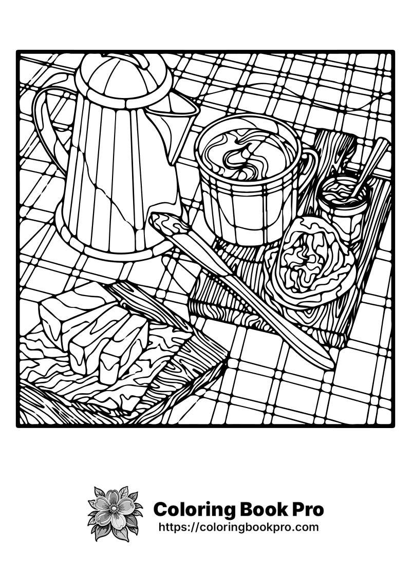 A black and white picture of a coffee pot and food. icon