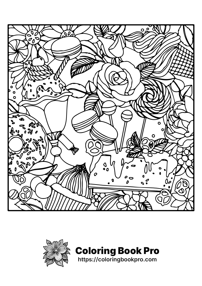 A black and white picture of various candy and flowers. icon