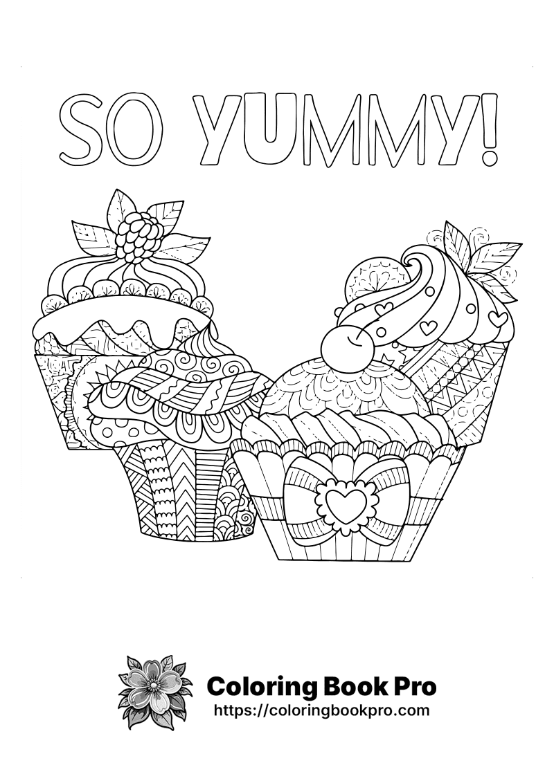 Two cupcakes with the words "so yummy" above them. icon