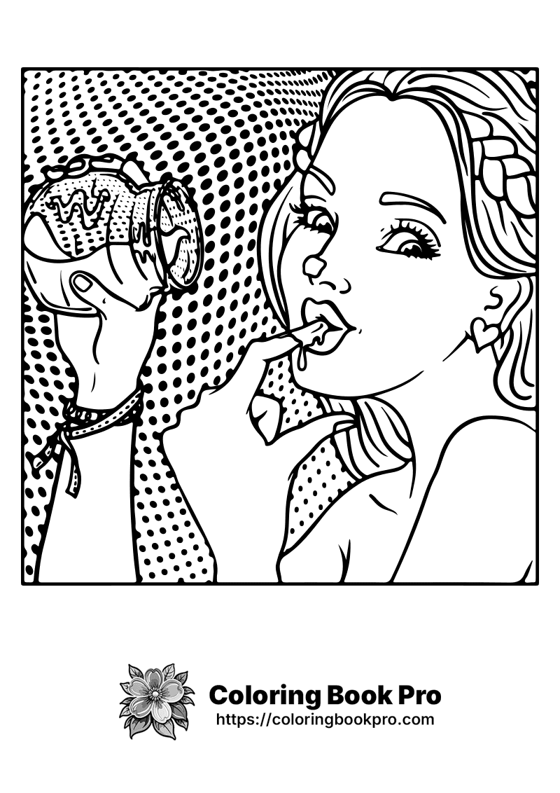 A black and white drawing of a woman eating something. icon